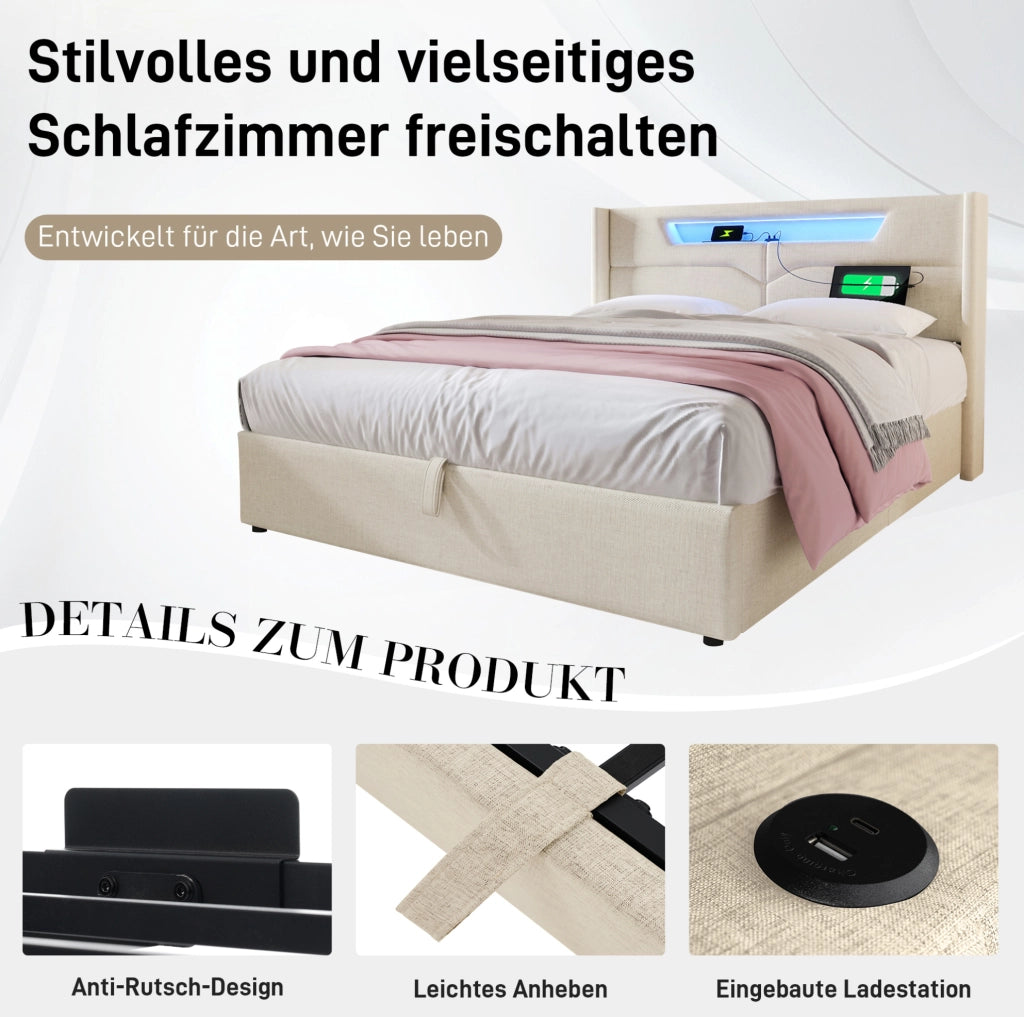 Letto matrimoniale imbottito 140x200 cm in lino beige con LED, USB e Type-C