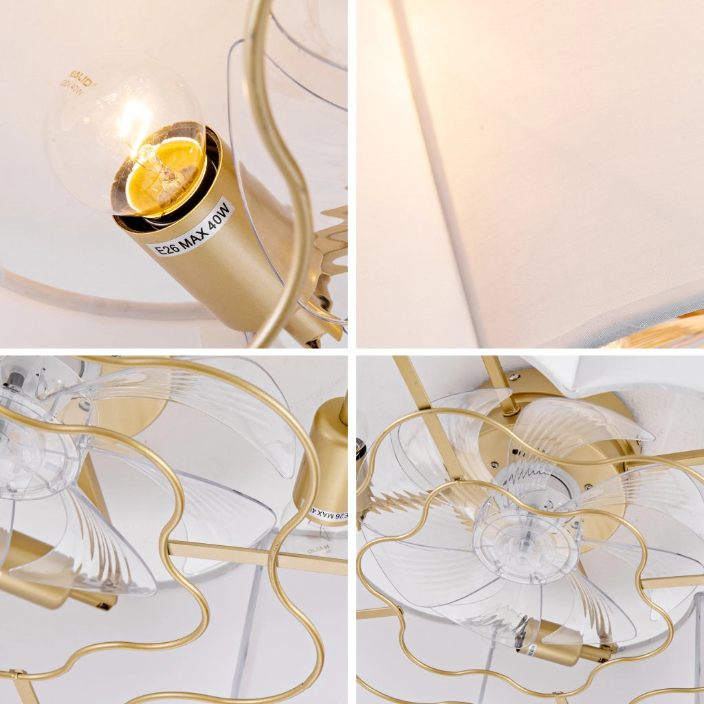 Ventilatore da soffitto con luce; 6 velocità; app Bluetooth e telecomando; 4 portalampade E26. oro e bianco