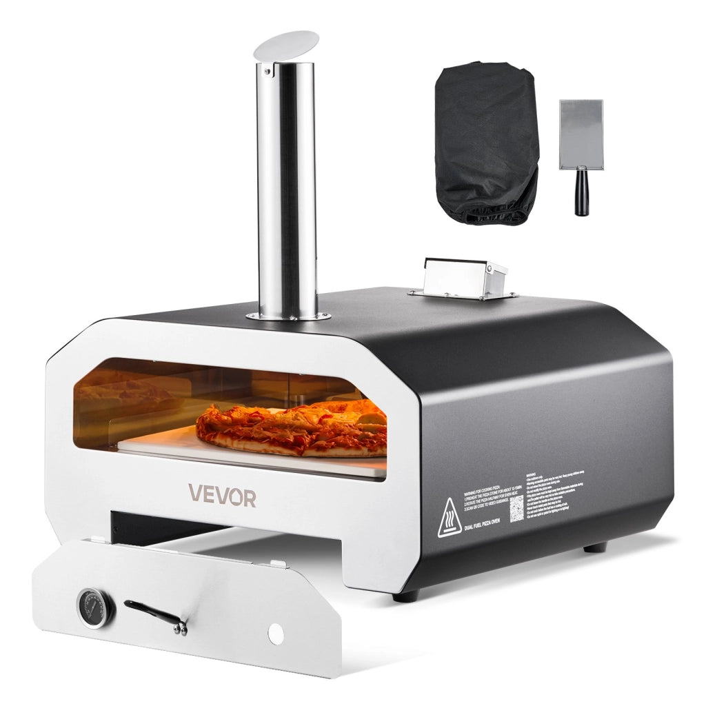 Forno per Pizza da Esterno SRGP026 a Legna e Gas Propano 406 mm in Ferro Nero con Termometro per Giardino e Campeggio