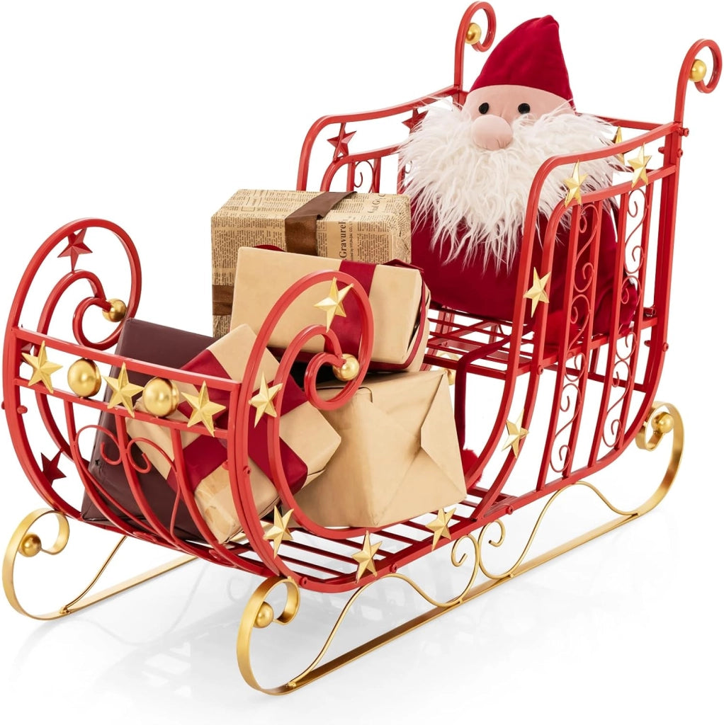 Slitta di Babbo Natale, Slitta di Babbo Natale in Metallo con Ampia Area di Carico per Regali, Decorazione Natalizia con Stelle Dorate, per Casa e Ufficio, 99 x 36 x 61 CM