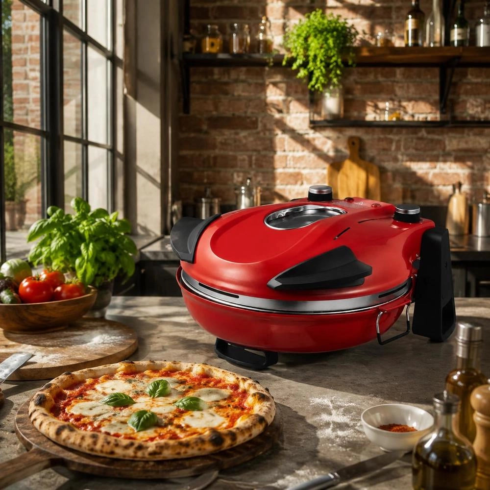 Electric Pizza Oven, 1200W Pizza Maker With Cordierite Stone, 5-stage Temperature Control, Viewing Window For Precise Cooking, Heats Up To 420°C, Home Oven (red)