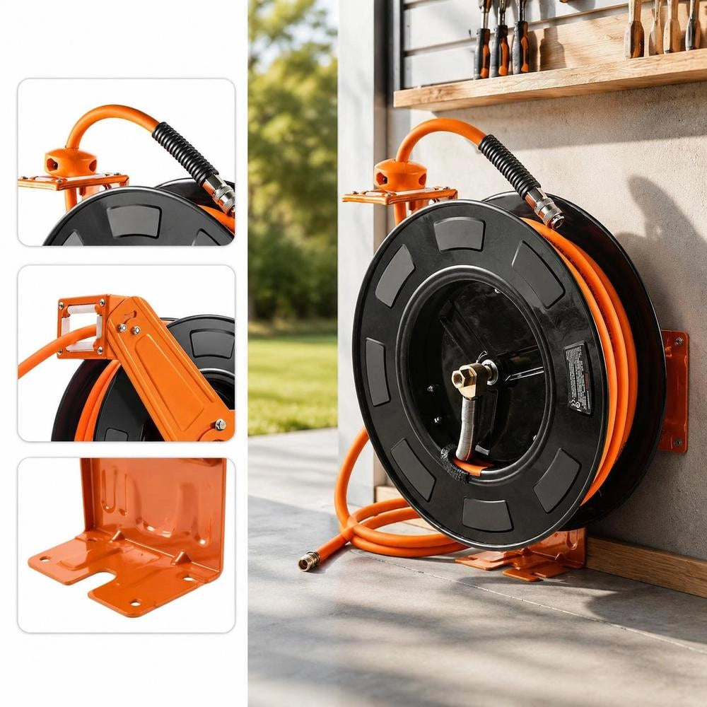 Air Hose Reel 9.52mm X 19.81m Hybrid Rubber Hose Automatic Retraction With Lock Steel Housing 300 PSI Ceiling Or Wall Mount For Workshop Garage