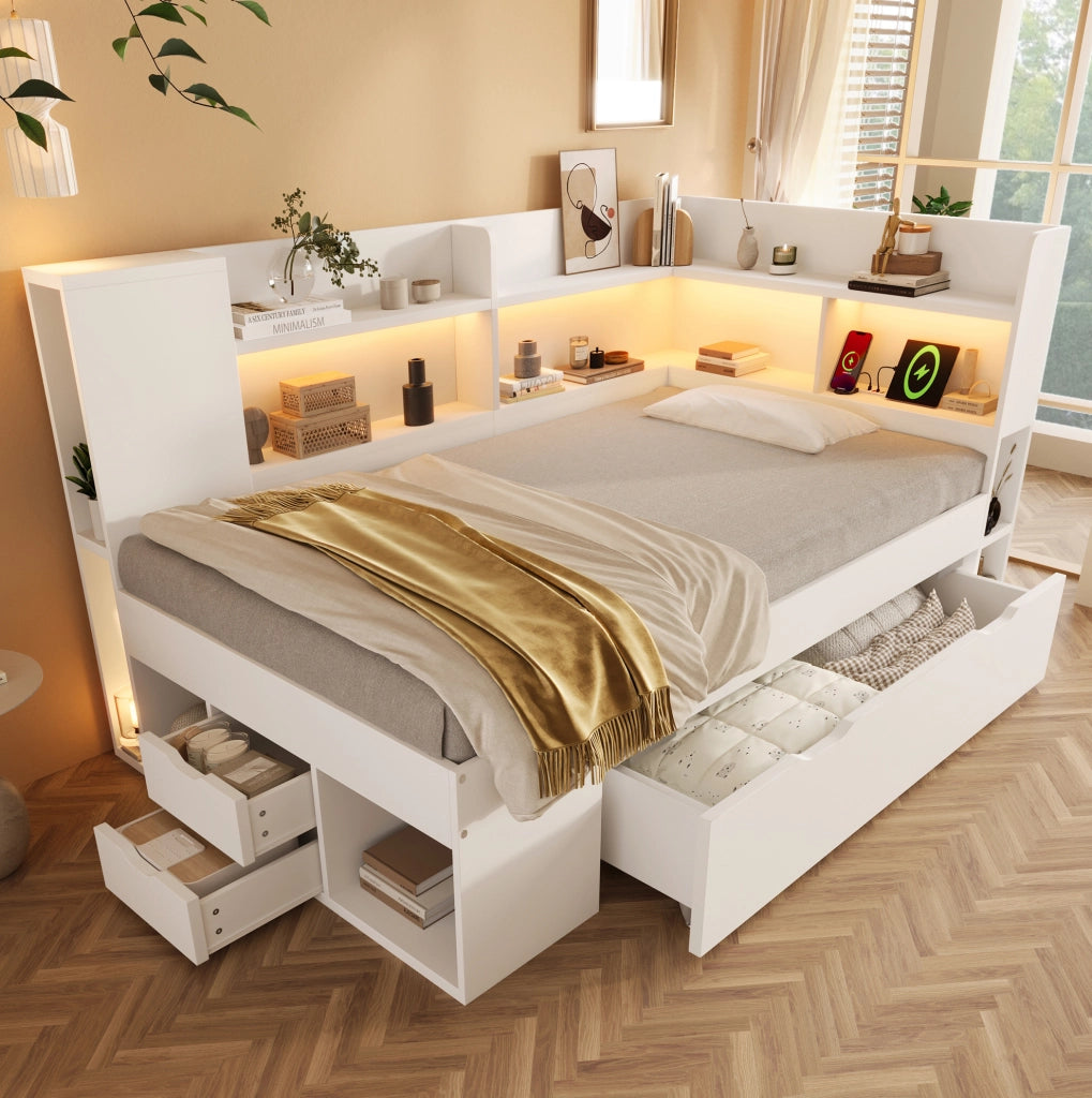 Letto singolo 90x200 cm con materasso, LED, USB e cassetti