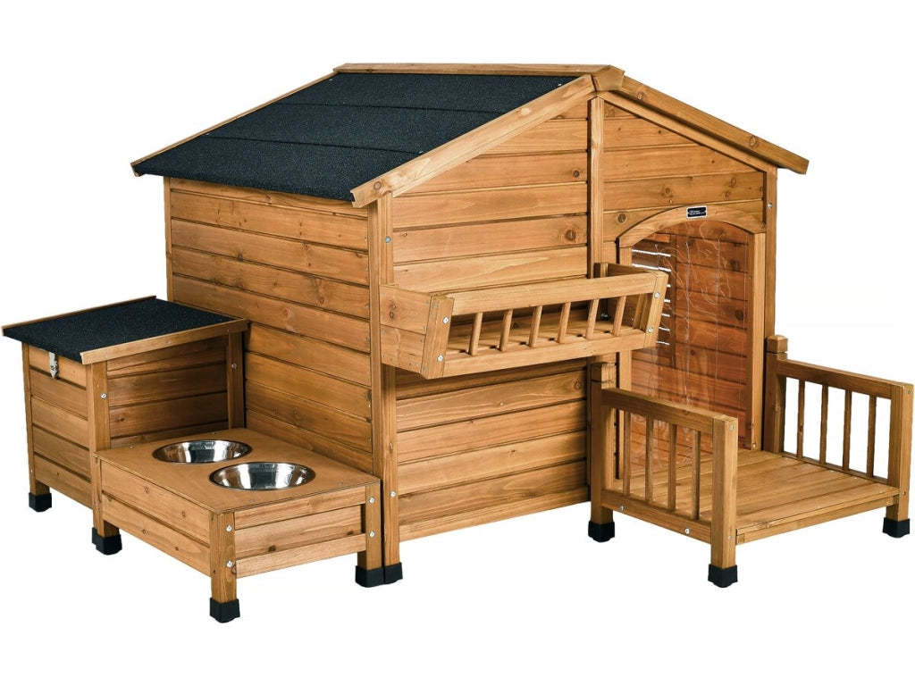 Cuccia per cani in legno con mangiatoia e contenitore "Rusty" - 151 x 138 x 100 cm - Marrone