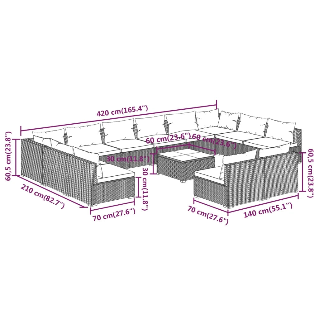 Set Divani da Giardino 13 pz con Cuscini in Polyrattan Marrone 3102147