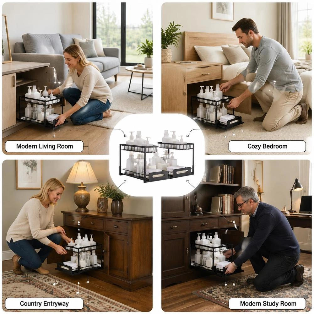 Extendable 2-Tier Under Sink Organizer (27x36x28 Cm) Spice Rack Kitchen Shelf Extendable Storage Shelf Organizer 648x394x330 Mm (Installation Size)