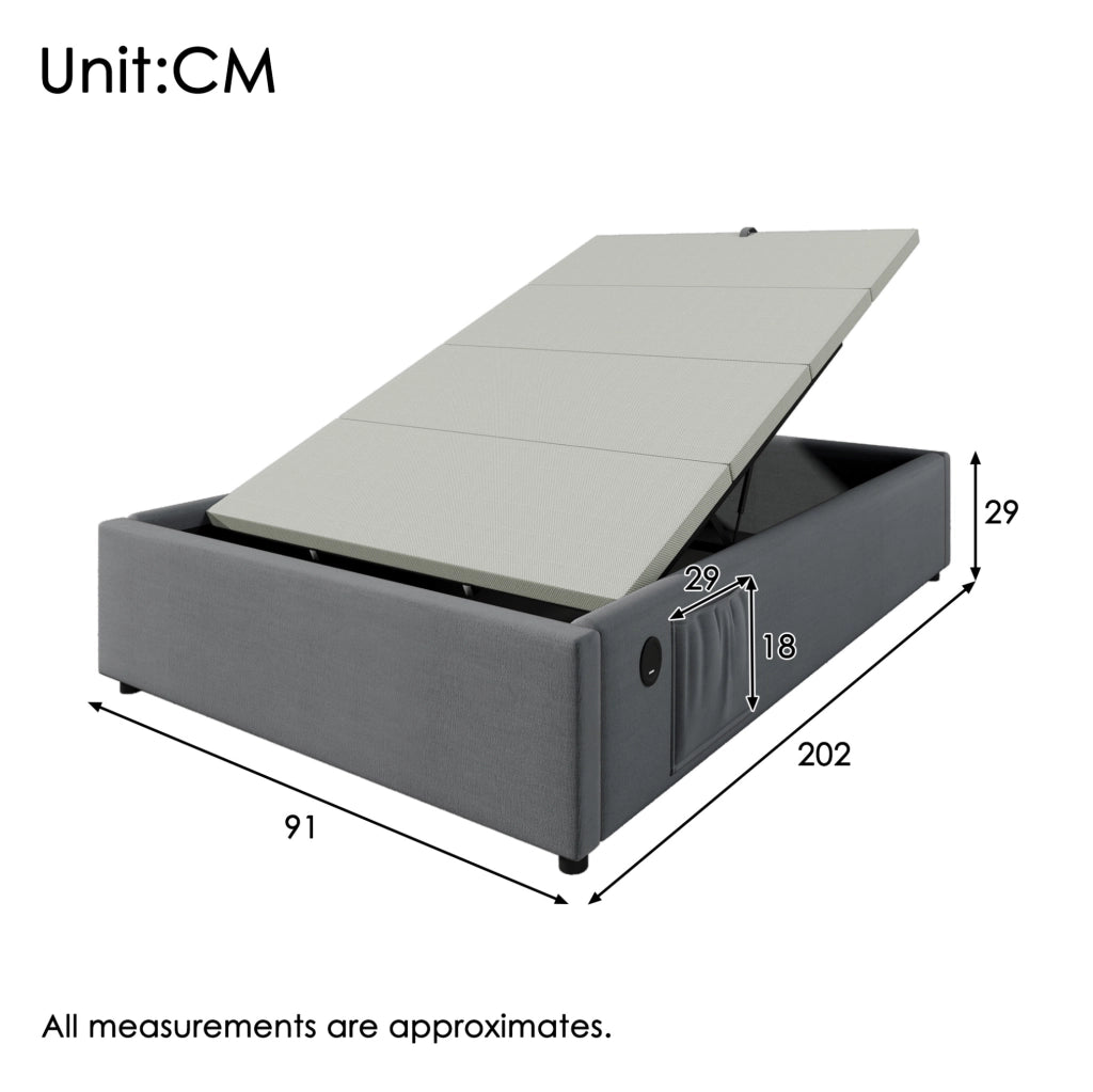 LETTO contenitore 90x200 cm con USB e Type-C tessuto grigio