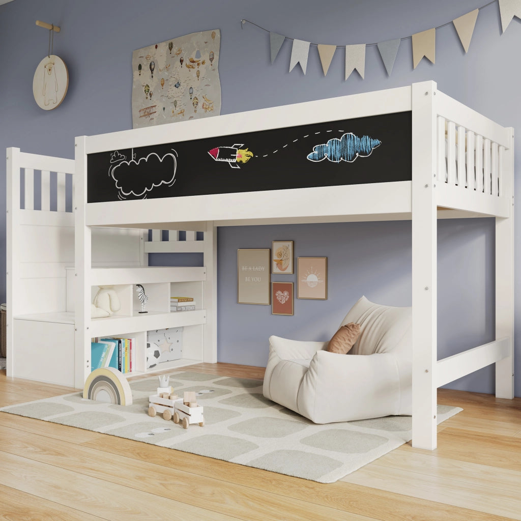 Letto rialzato per bambini bianco con lavagna 90 x 200 cm