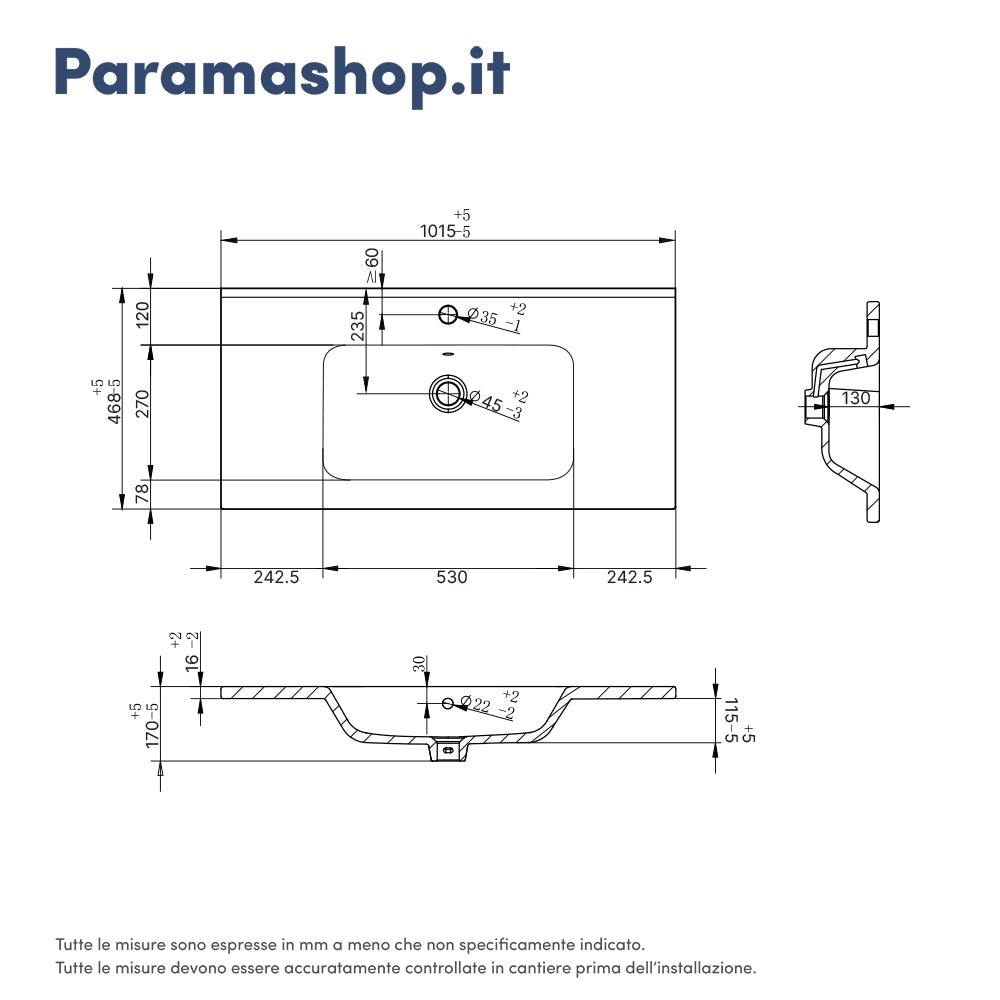 Lavabo da incasso 100 cm in ceramica bianca | Civit
