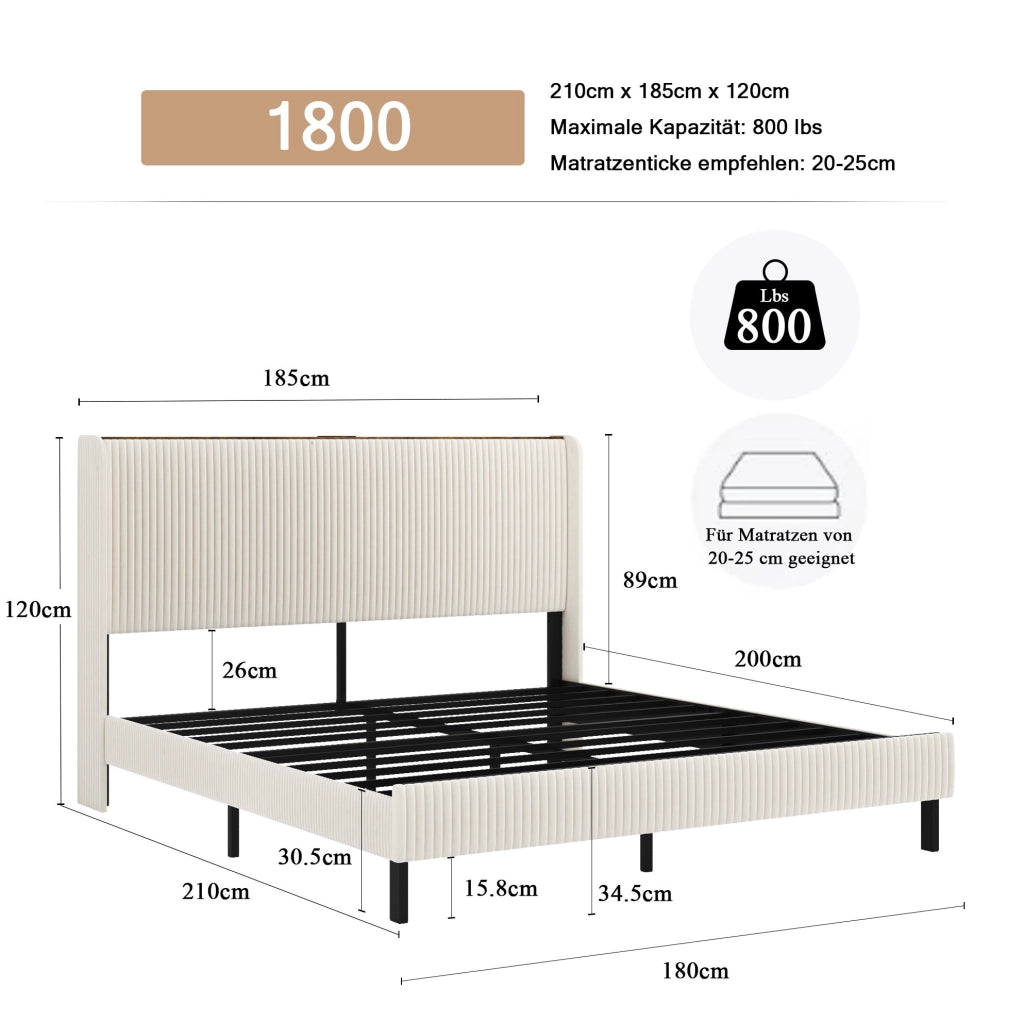 Letto matrimoniale imbottito 180x200 cm in velluto a coste
