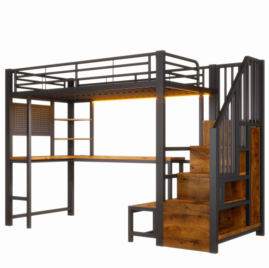 Letto a soppalco 90x200 cm con scrivania, scaffali, armadio scala e LED