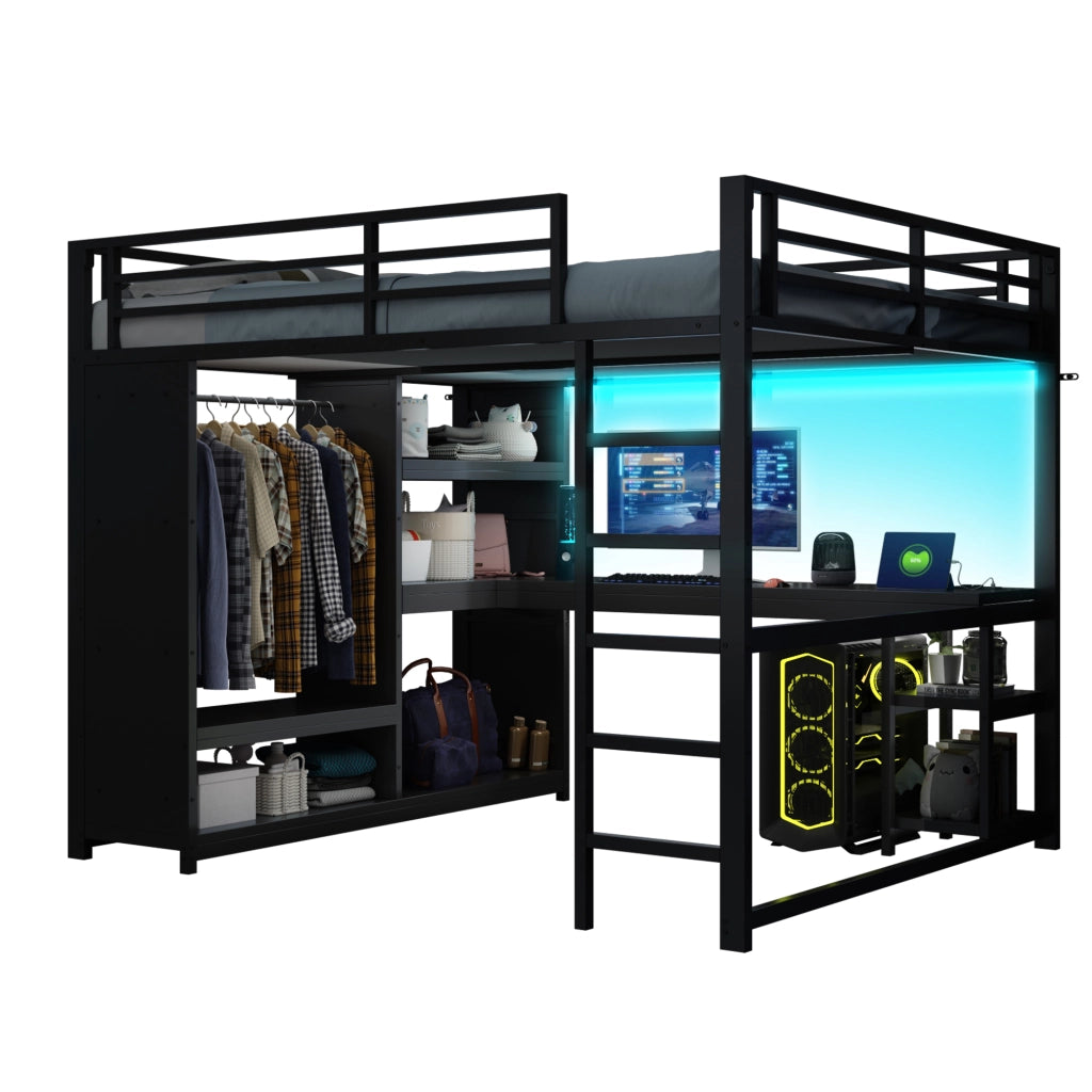 Letto a soppalco da gaming 160x200 struttura in metallo nero con scrivania e armadio a vista