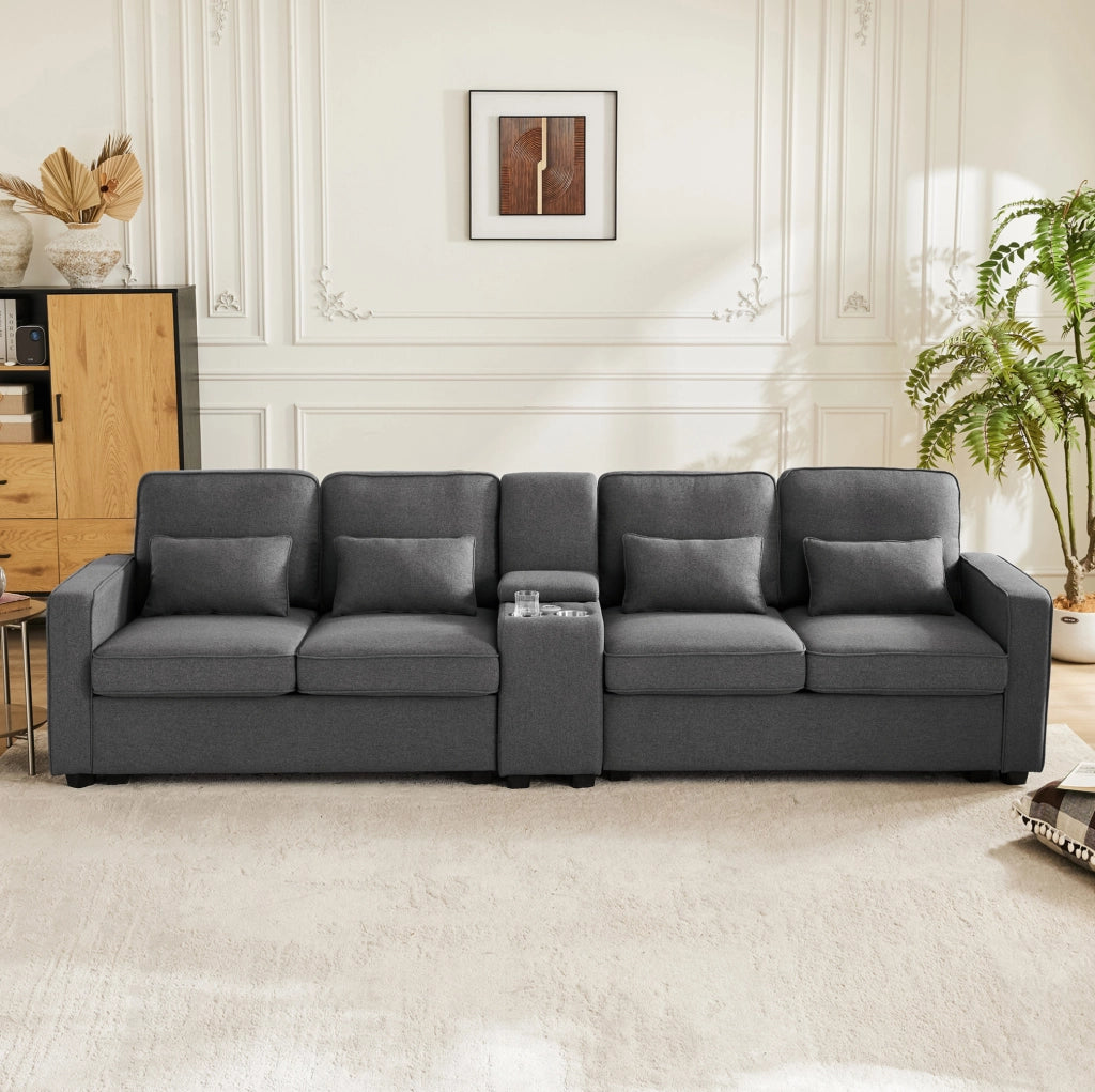 SOFA 4 posti 290x83x88 cm in lino grigio scuro con console, USB e 4 cuscini