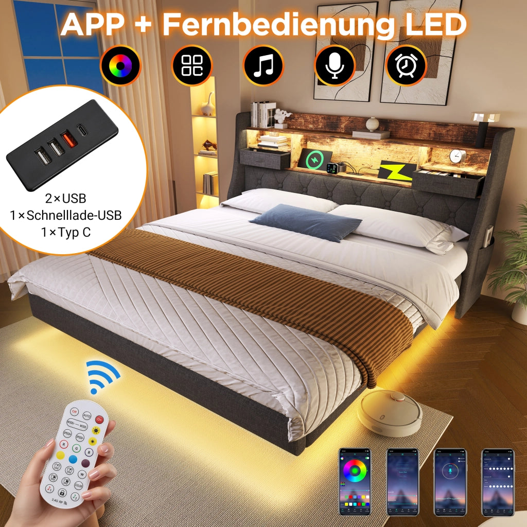 Letto imbottito con LED, USB-C e testiera contenitore, 180x200 cm, grigio