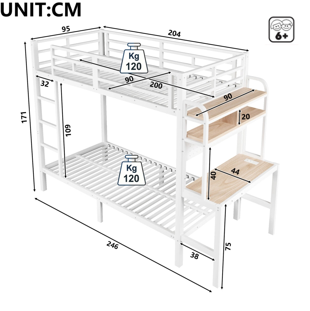 Letto a soppalco ULEVR 90x200 cm con scrivania, ripiani, LED, USB, scala e sponde di sicurezza, bianco
