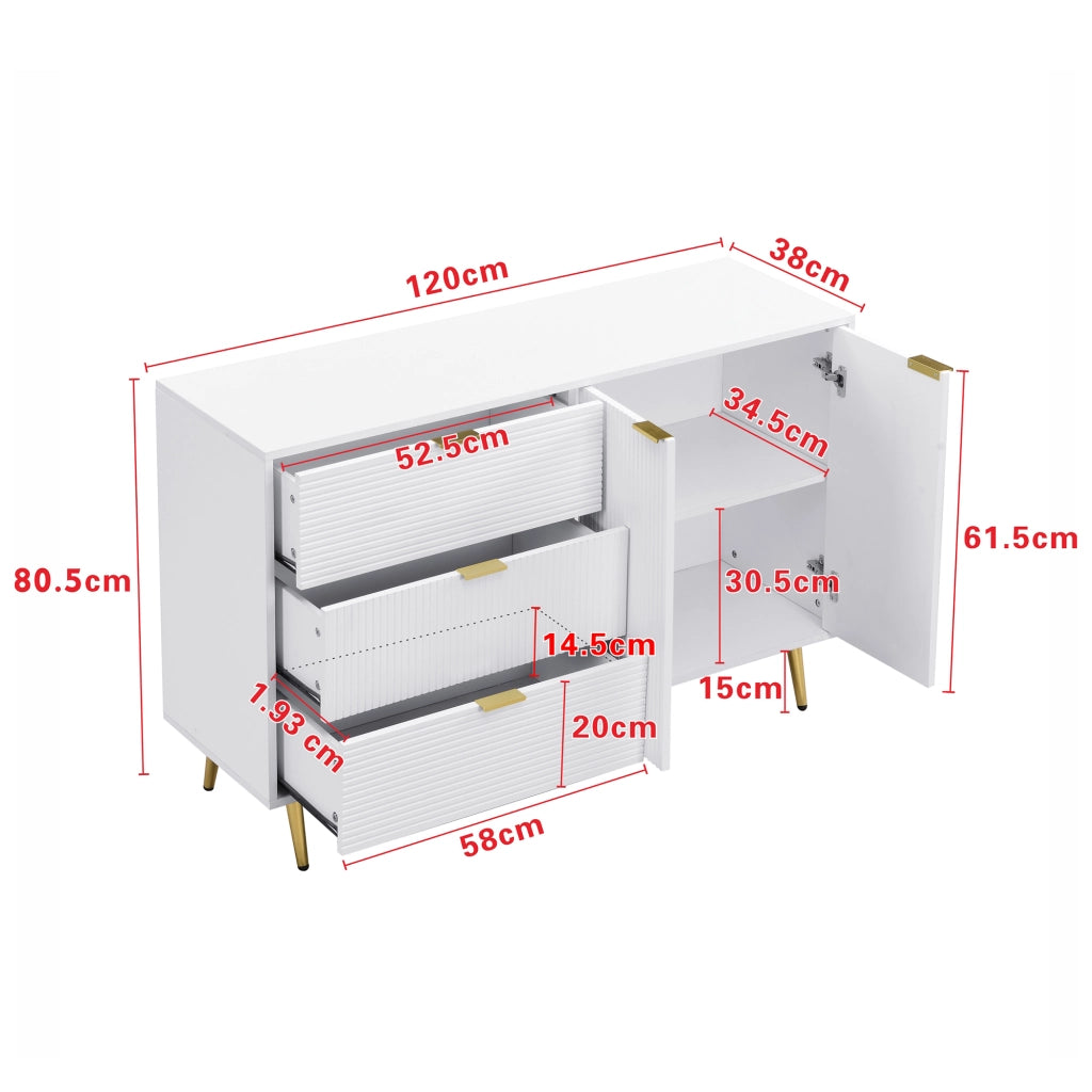 Sideboard moderno 120 x 38 x 80;5 cm in MDF bianco e oro con 3 cassetti e 2 ante
