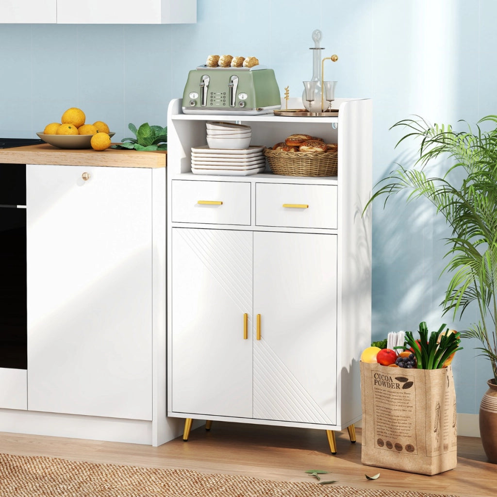 Mobile dispensa 113 cm con ante 2 cassetti e ripiano regolabile per bagno, Armadio da cucina sala da pranzo soggiorno Bianco-Credenze buffet