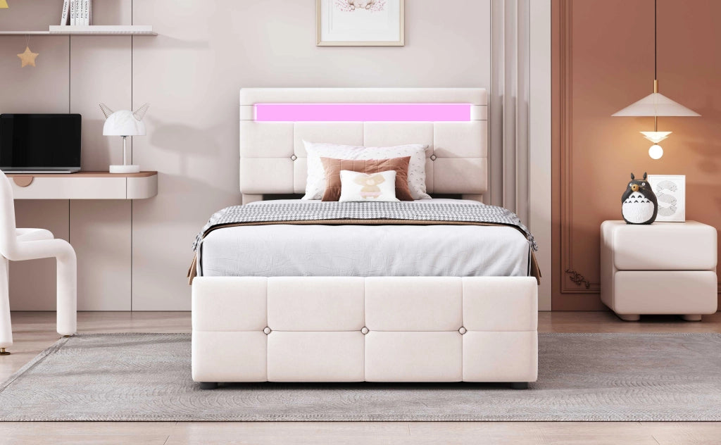 Letto contenitore 90x200 cm con LED e testiera regolabile; in velluto; beige