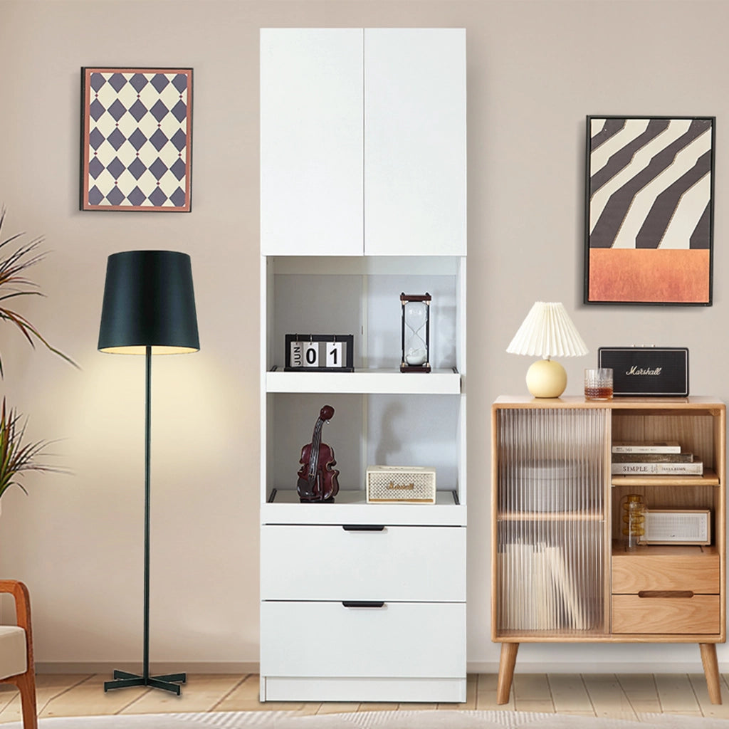 Mobile dispensa da cucina 200 cm con 2 cassetti e vani aperti; bianco