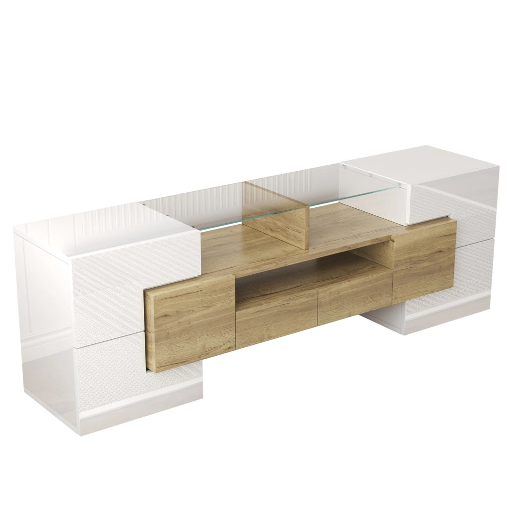 Mobile TV 145 cm con LED multicolore, 6 ante e 2 cassetti bianco e oro