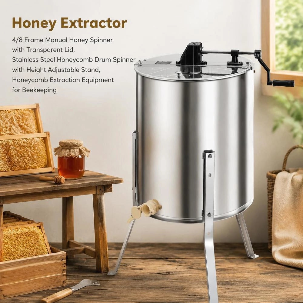 Honey Extractor, 4/8 Frame, Manual Tangential Extractor With Transparent Lid, Stainless Steel Honey Extractor With Height-adjustable Stand, Comb Extraction Device For Beekeeping