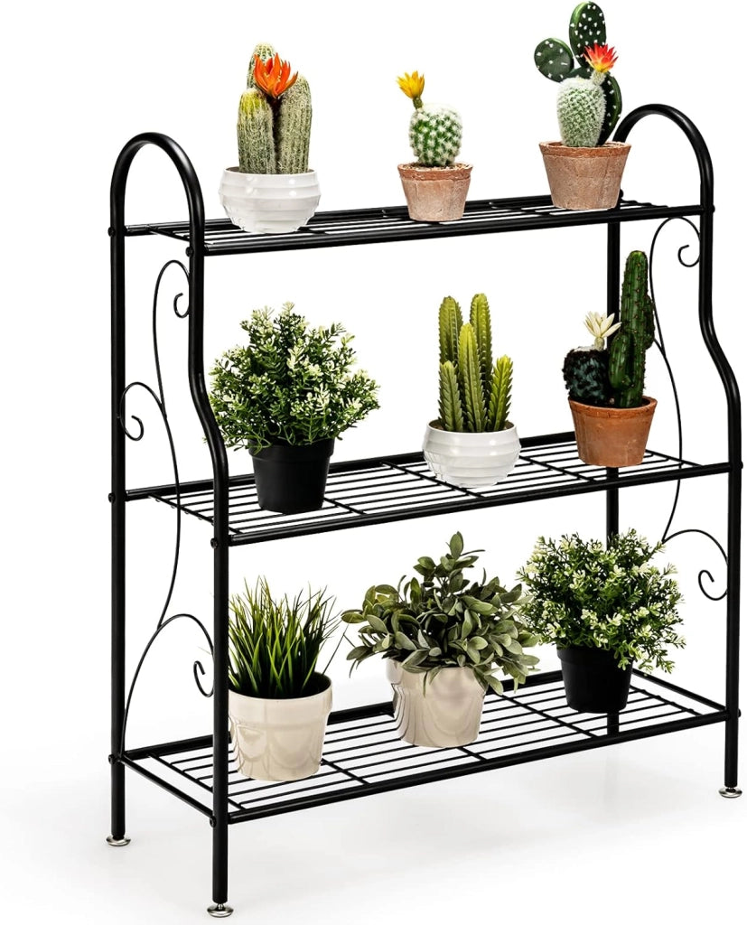 Porta Piante in Metallo a 3 Livelli, Scaffale Portavasi Interno ed Esterno con Elegante Motivo a Volute, Scaffale a Scala Multifunzionale per Casa, Giardino, Balcone e Corridoio