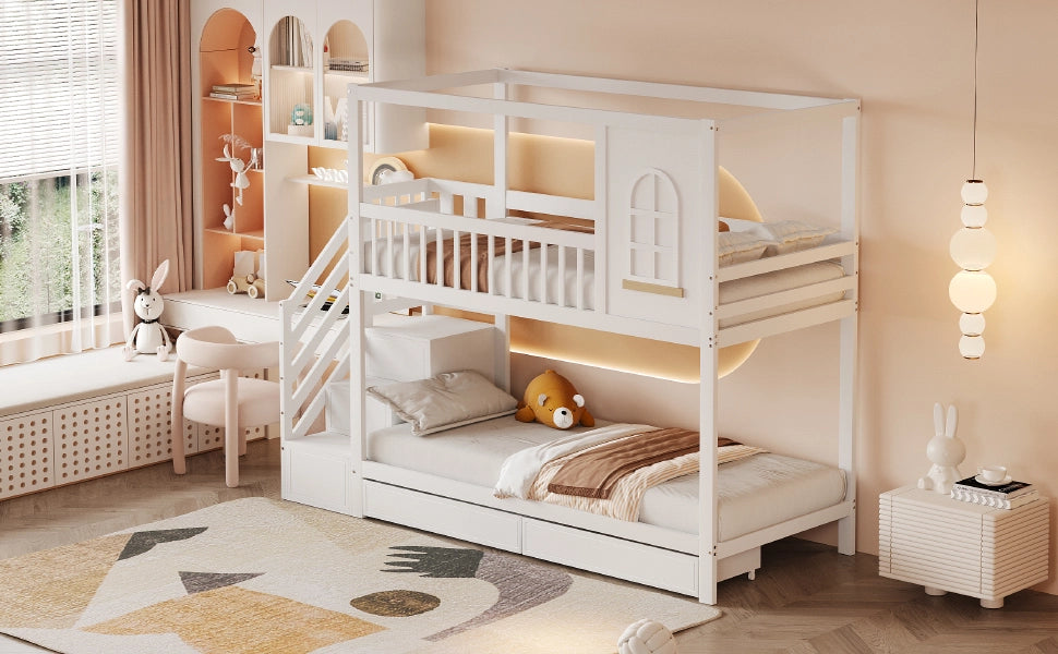 DESMIU Letto a castello bambino 90 × 200 cm 2 posti con 2 cassetti, 1 scala di sicurezza e senza materasso, in legno, bianco