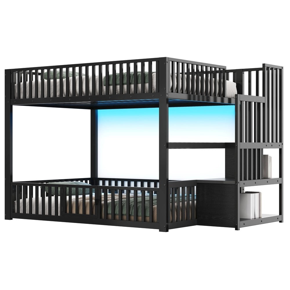 Letto a Castello con LED e Scala Contenitore ¨C Xylo ¨C Nero 140x200