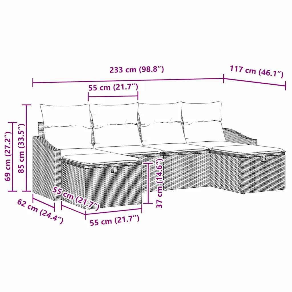 Set Divano da Giardino con cuscino 6 pcs Nero Poly Rattan 3359316