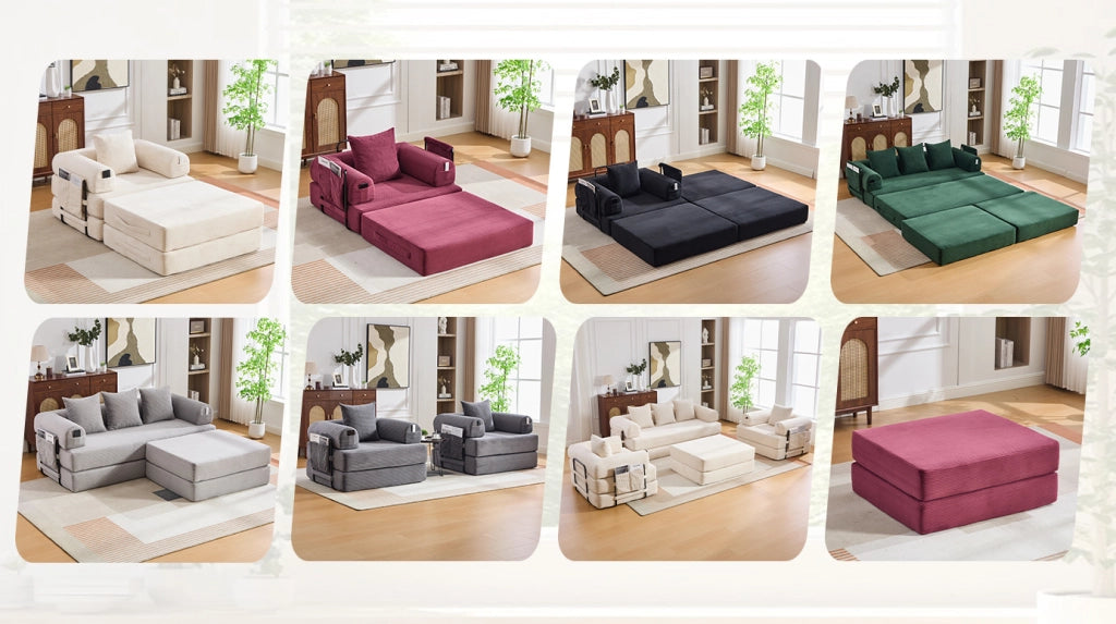 Divano modulare in corduroy beige con pouf, cuscino e tasca laterale