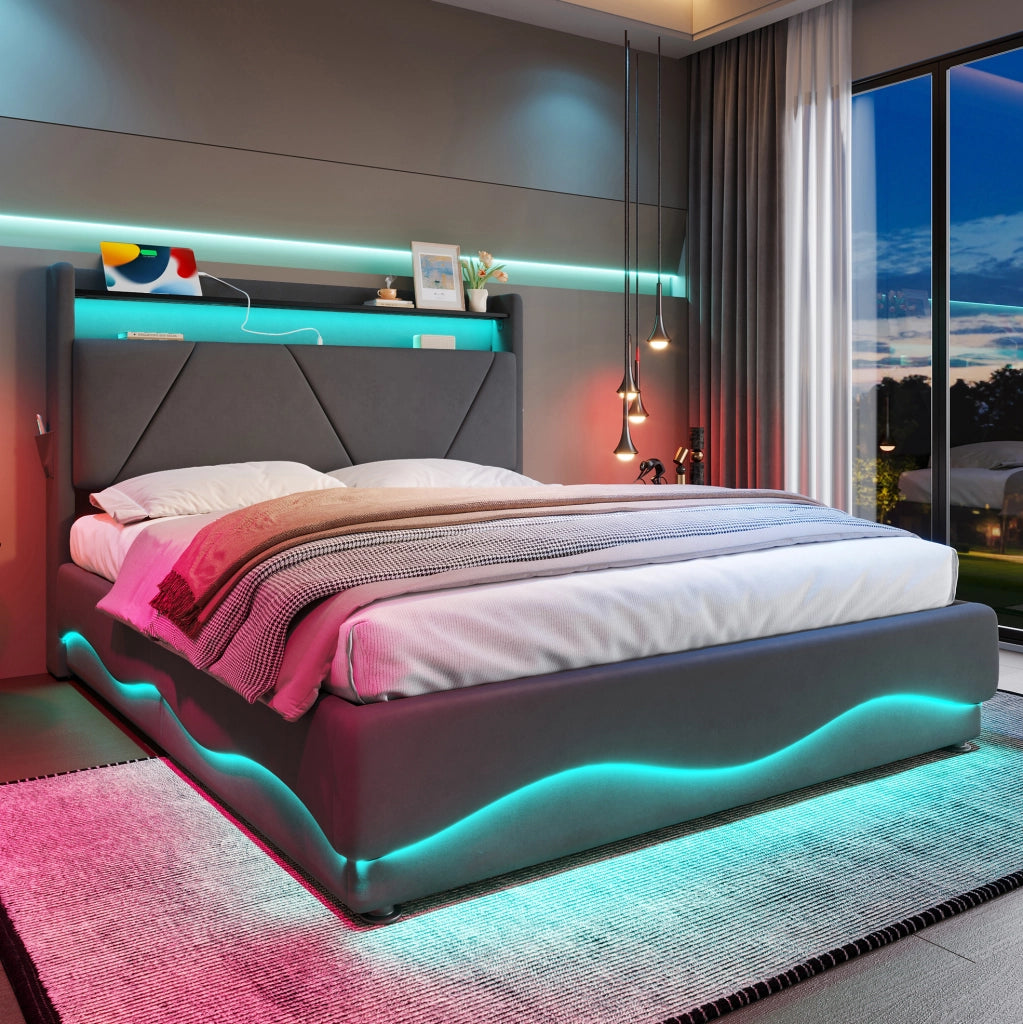 LETTO imbottito 160x200 cm in velluto grigio scuro con LED e porte USB/Type-C