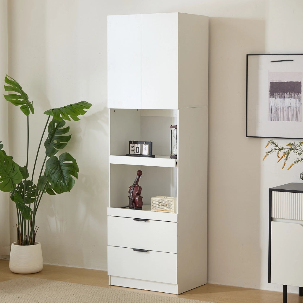 Mobile dispensa da cucina 200 cm con 2 cassetti e vani aperti; bianco