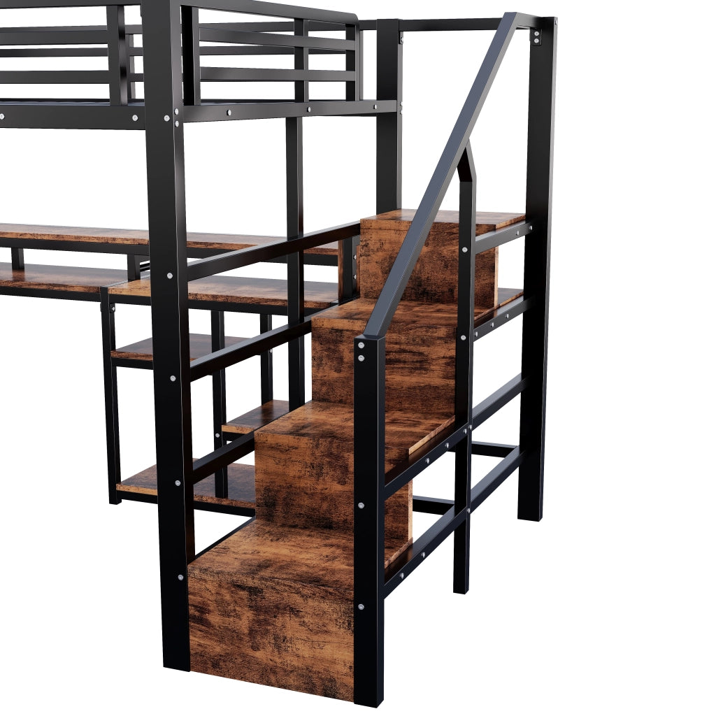 Letto a soppalco 140 × 200 cm con scala-armadio; ripiani; LED; porte USB e USB-C in metallo e MDF nero