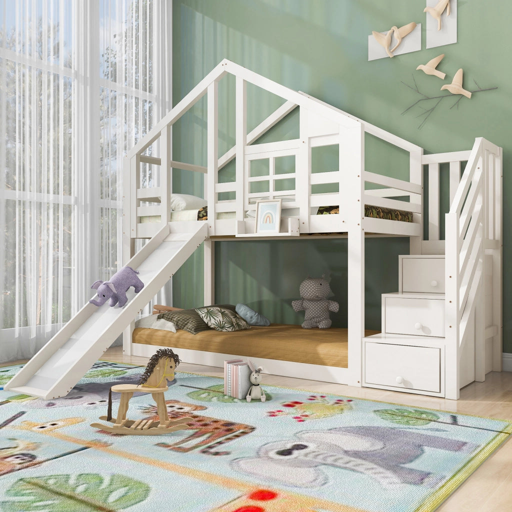Letto a castello per bambini 90x200 cm con scivolo bianco