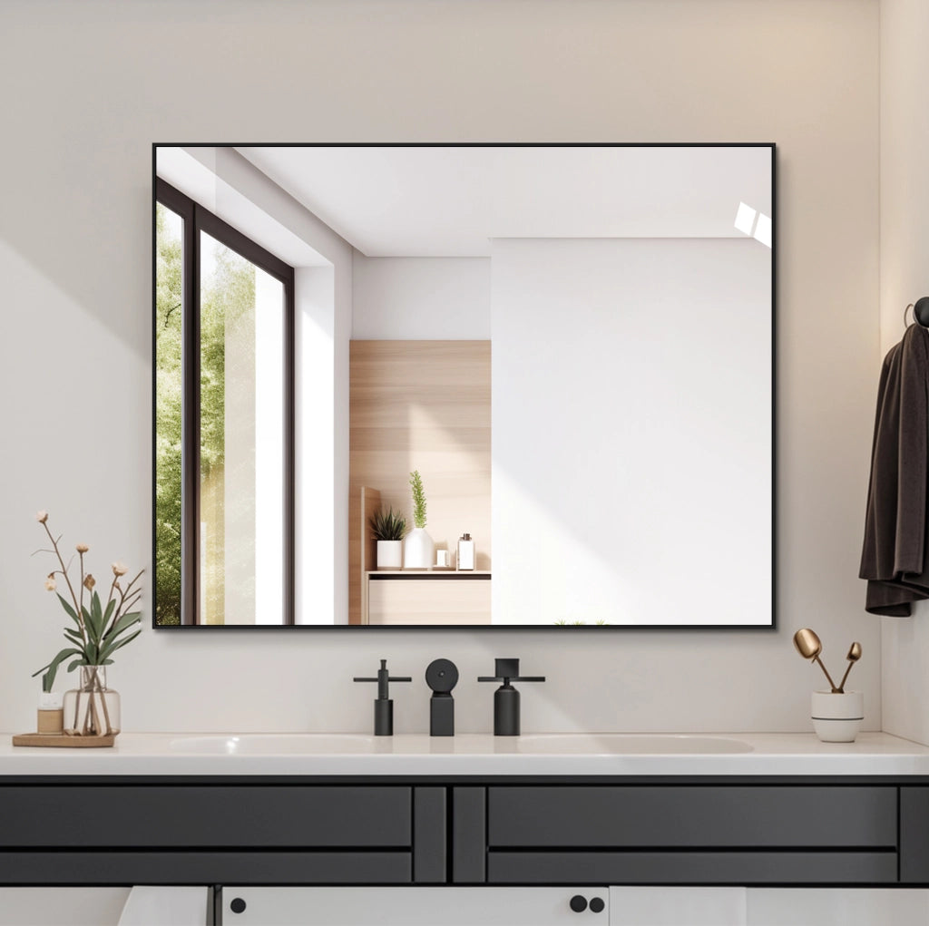 Specchio da bagno 70x90 cm con cornice in alluminio nero, montaggio orizzontale e verticale