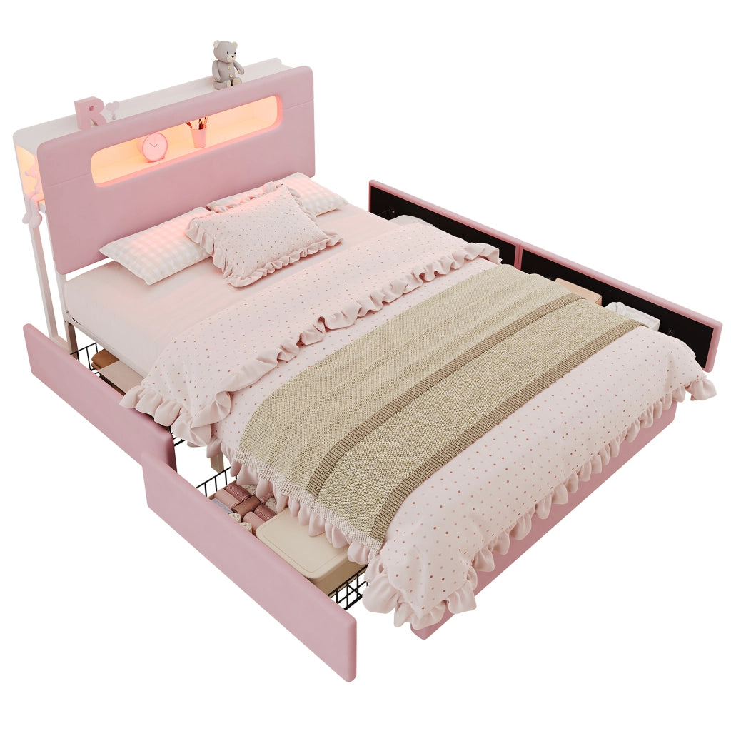 Letto imbottito rosa 140x200 cm con quattro cassetti laterali e LED; velluto