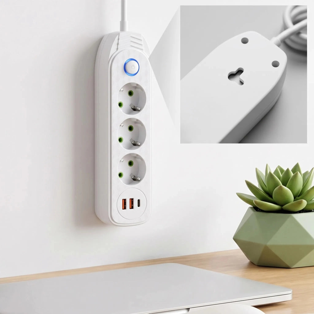 Multipresa Con Prolunga, 3 Prese + 2 Porte Usb-a + Usb-c Jnh024-3b White