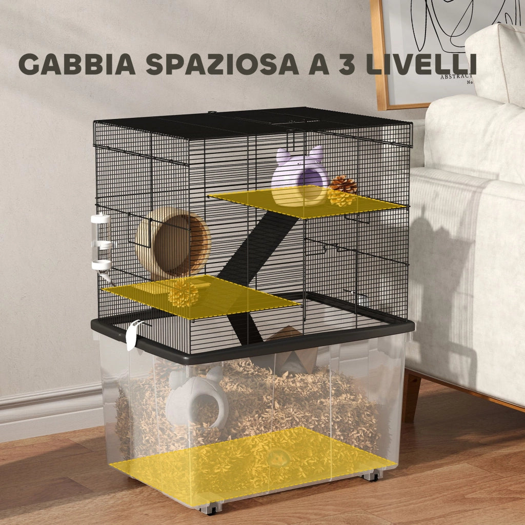 Gabbia per Criceti a 3 Piani 58x43x74 cm con Rampe e Accessori Nero