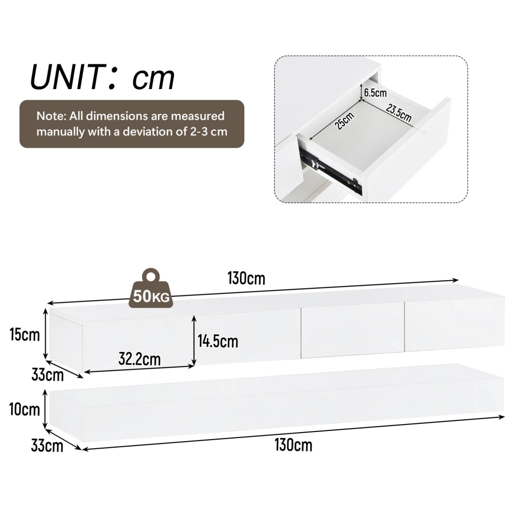 Mobile TV sospeso con LED e 4 cassetti in MDF bianco 130 cm