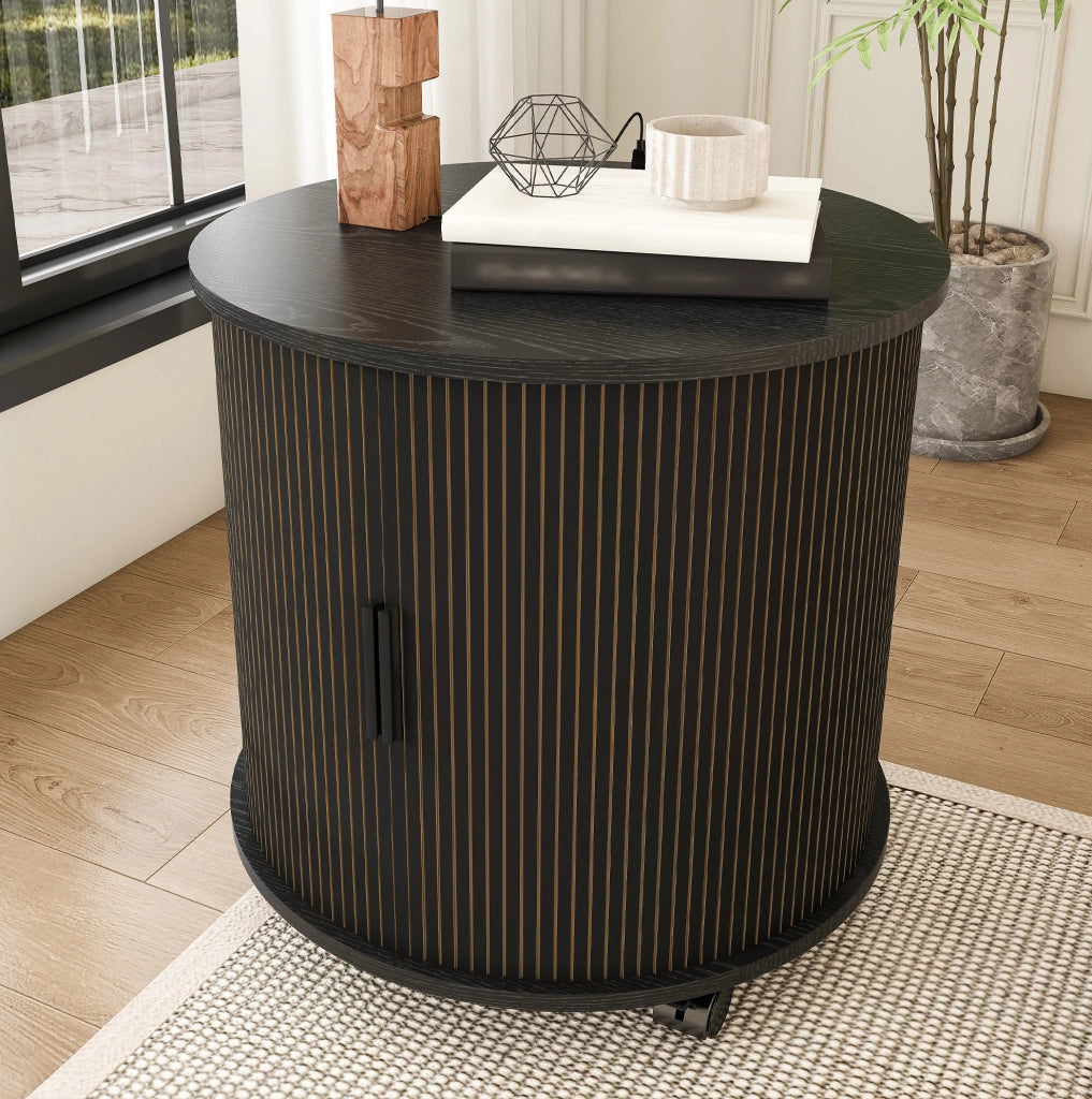 Comodino cilindrico 60x60x60 cm con presa AC e 2 USB in MDF nero