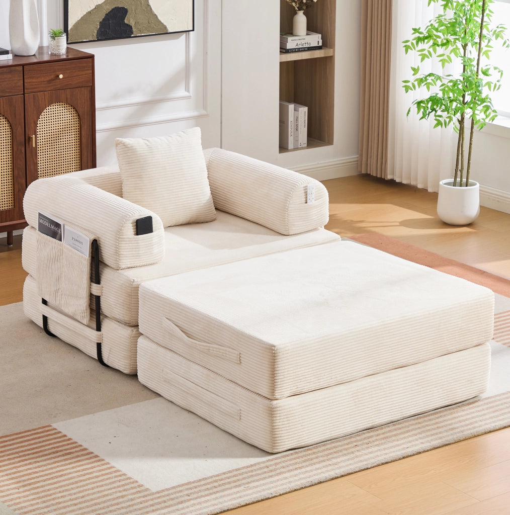 Divano modulare in corduroy beige con pouf, cuscino e tasca laterale