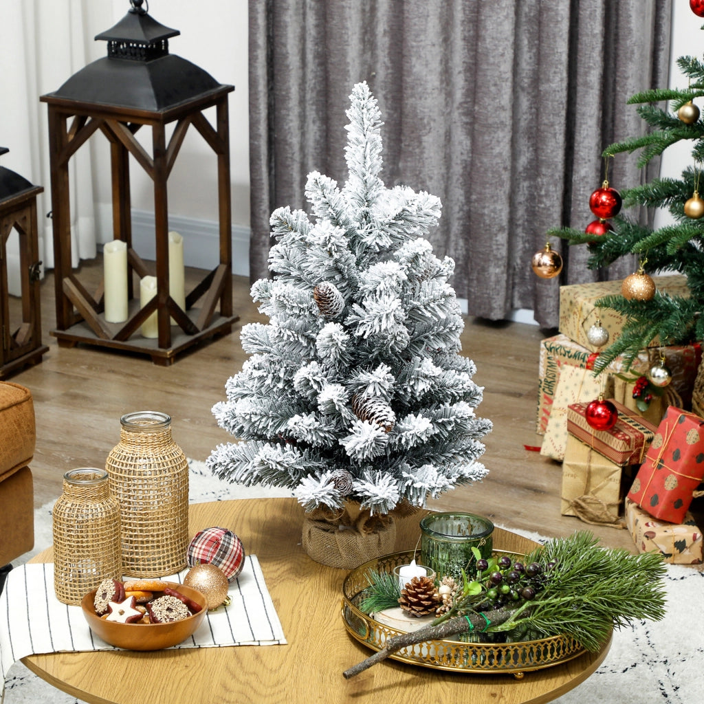 Mini Albero di Natale Artificiale 60 cm Innevato con 72 Rami e 6 Pigne Base in Cemento Decorazione Natalizia da Tavolo per Casa