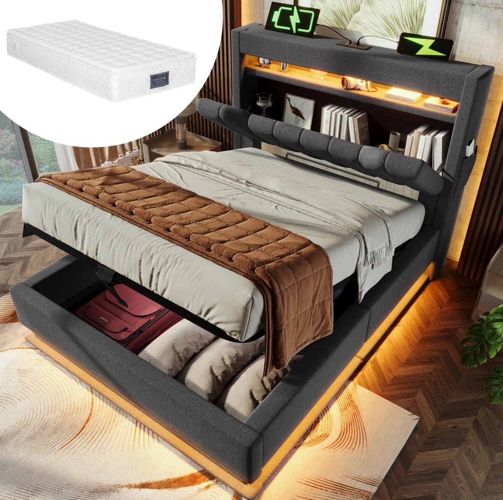 Letto singolo imbottito 90x200 cm con contenitore, USB Type-C, LED e materasso, grigio