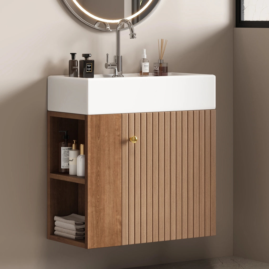 Mobile bagno sospeso con lavabo in ceramica 55 cm; design compatto con motivo 3D; MDF; marrone