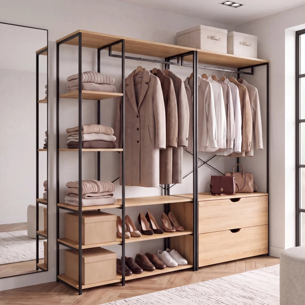 IDMarket - Armadio componibile con doppio guardaroba, ripiani e 2 cassetti L. 170 cm DETROIT design industriale