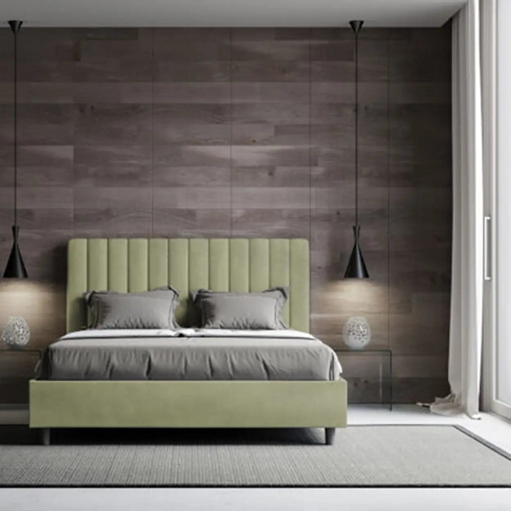 Letto matrimoniale francese con rete imbottito 140x190 microfibra tè verde Agueda