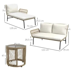 Set mobili da giardino in rattan con sdraio, tavolino, divano 2 posti e cuscini crema per terrazza e balcone
