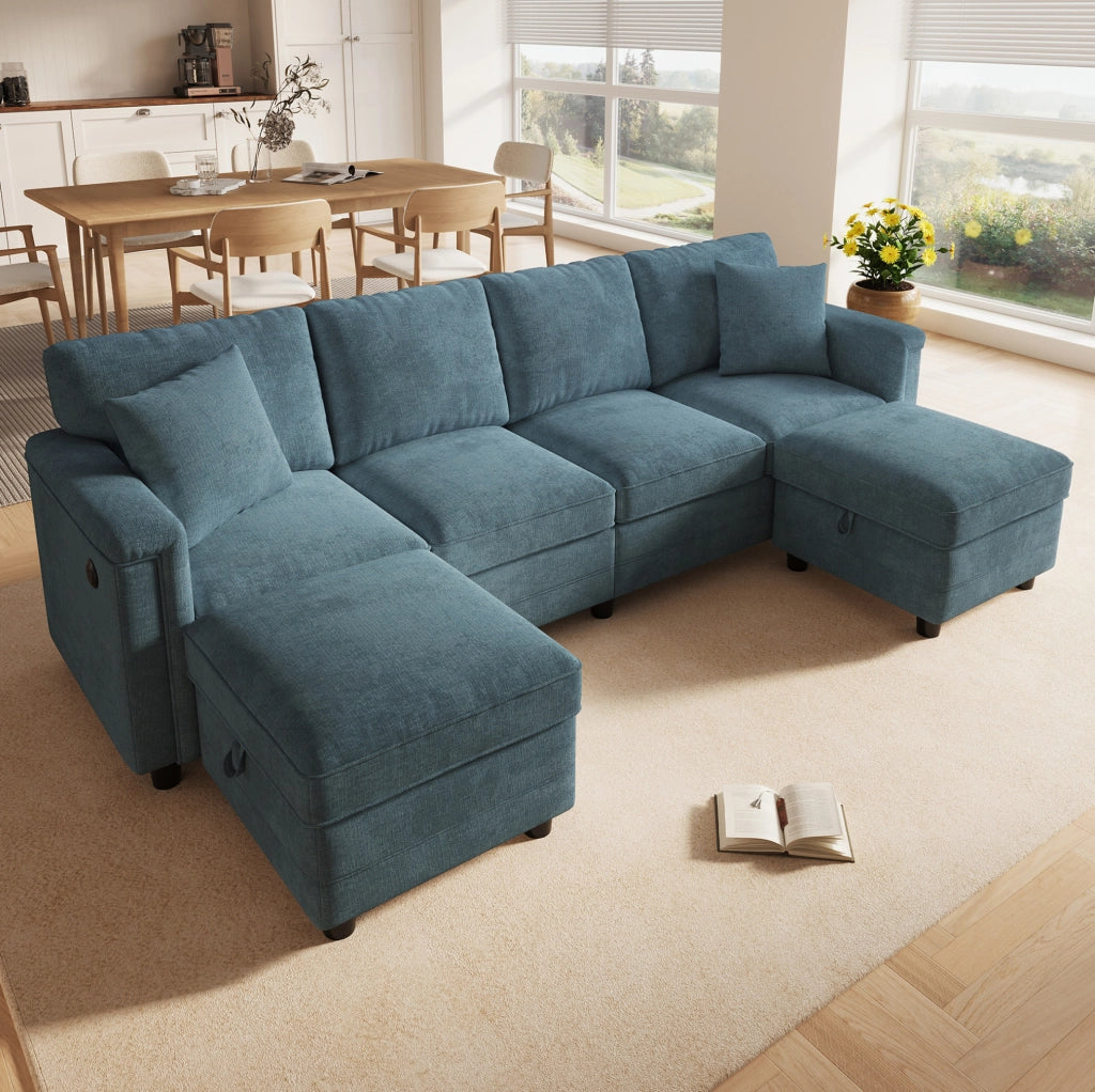 Divano modulare blu in ciniglia 261x134x82 cm con 2 pouf contenitore; USB e Type-C