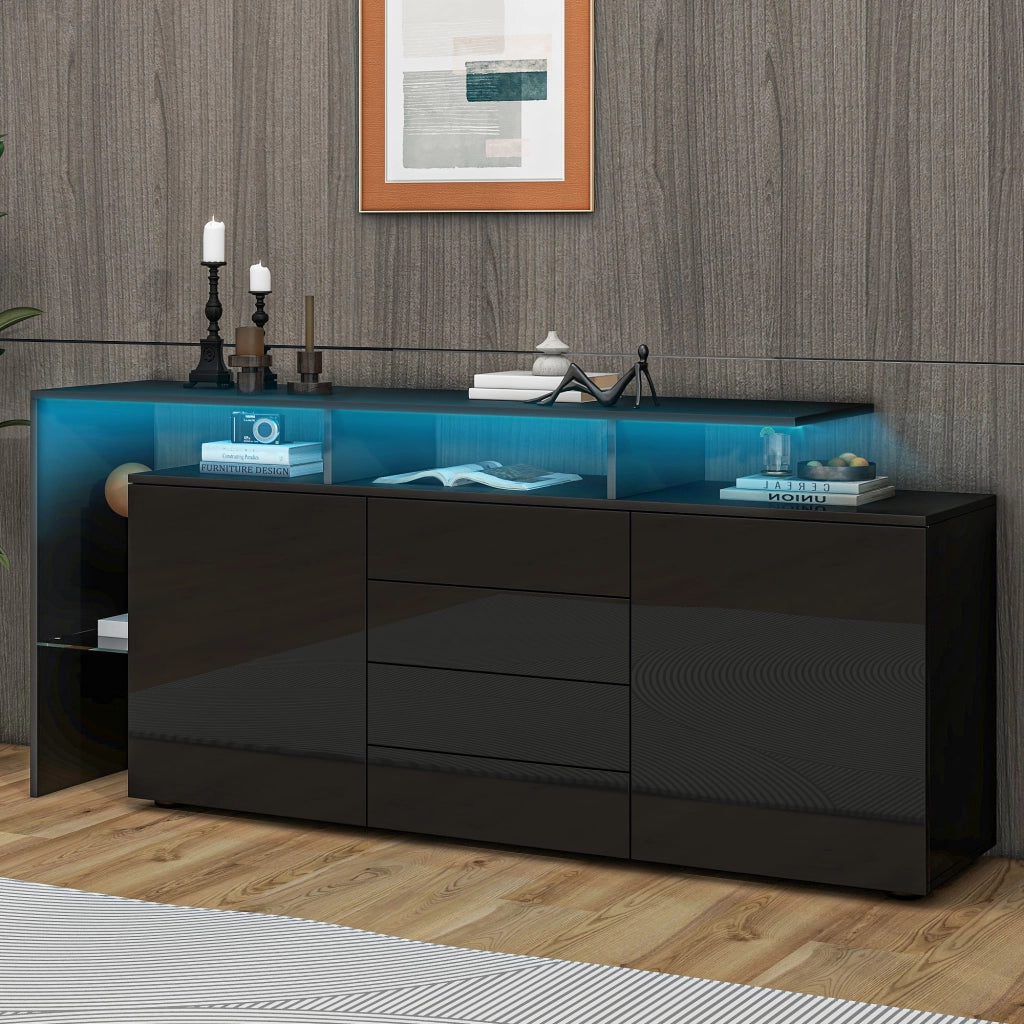 Sideboard con LED e USB 160 cm; 4 cassetti; 2 ante; in truciolare nero