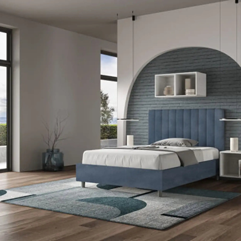 Letto una piazza e mezza senza rete imbottito 120x190 microfibra blu Agueda